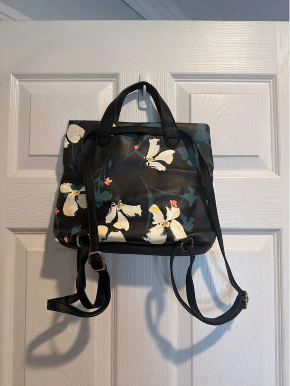 A New Day- Black Floral Convertible Backpack Purse Satchel Adjustable Straps